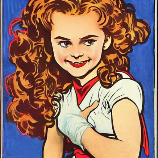 Image similar to a little girl with a mischievous face and light brown curly wavy hair. she is dressed as captain america, spider - man, batman, captain marvel, a superhero. well composed, clean elegant painting, beautiful detailed face. by steve ditko and jack kirby and alphonse mucha