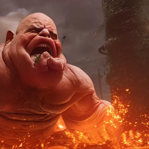 Image similar to Danny Devito as a boss in Elden Ring, in game, gameplay, screenshot