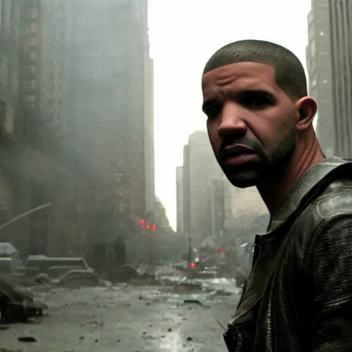 Prompt: Drake as Robert Neville in I Am Legend (2007), post apocalyptic city, environment 8k, ruins