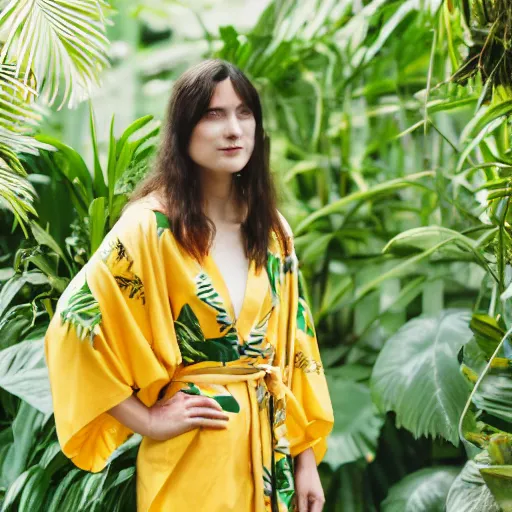 Image similar to medium photo portrait of a young european woman wearing a yellow kimono in a tropical greenhouse