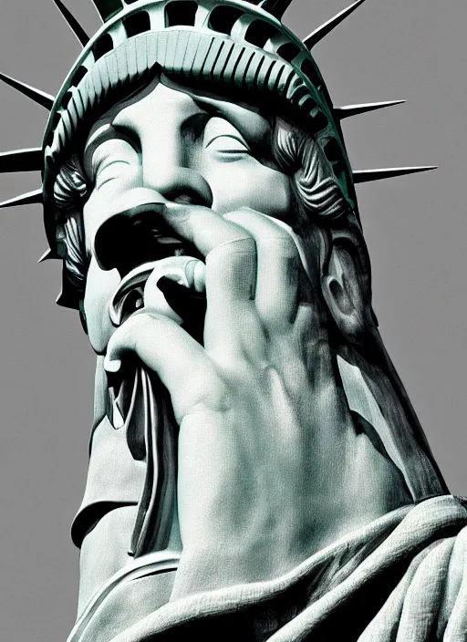 Image similar to Tom Waits eating Statue of Liberty, color photograph portrait 4k