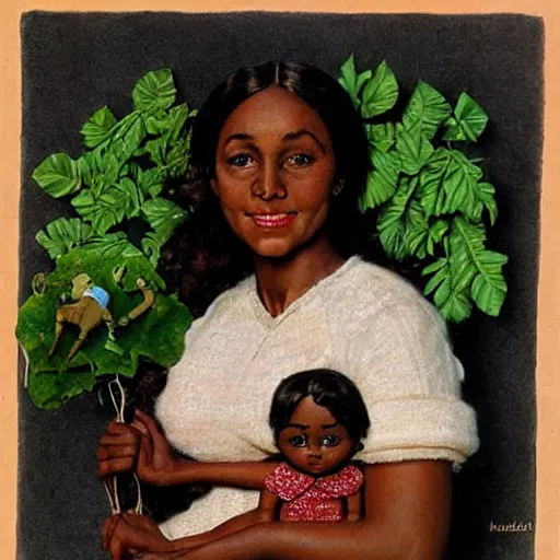 Prompt: a dark skinned woman holds a living doll made out of leaves and wool, art by norman rockwell