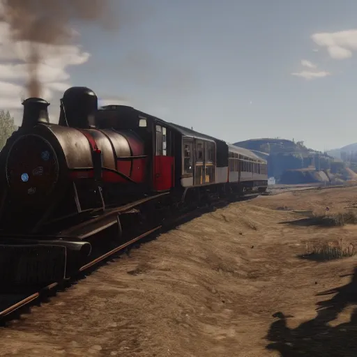 Image similar to futuristic sleek steam locomotive in red dead redemption 2