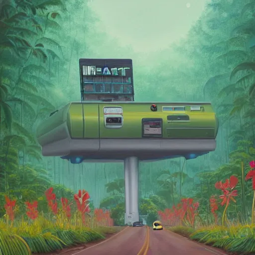 Prompt: beautiful painting of a giant printer in the middle of a jungle in the style of Simon Stålenhag