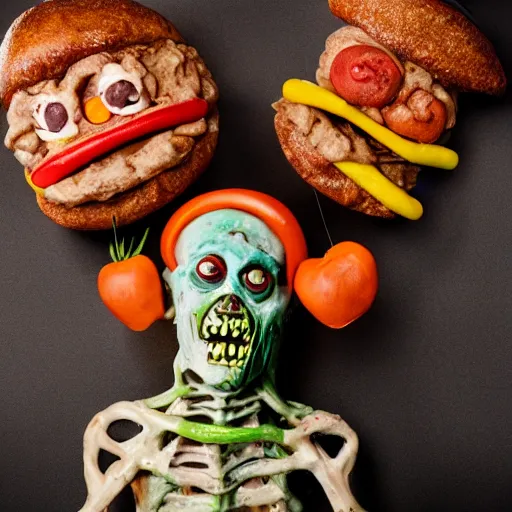 Image similar to a humanoid bipedal upright zombie that strongly resembles a hamburger, professional food photography