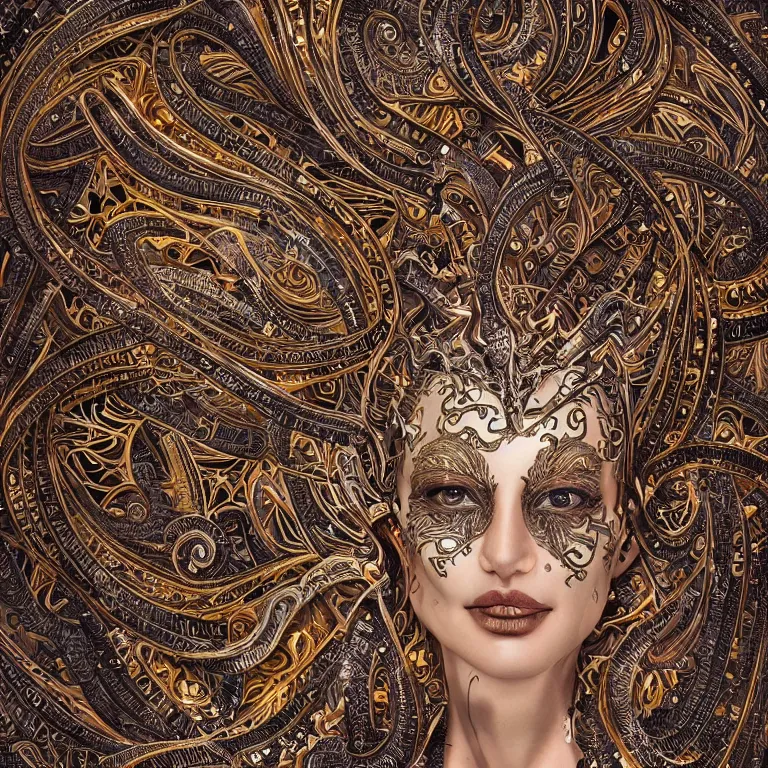 Prompt: octane render portrait by wayne barlow and carlo crivelli and glenn fabry, a high - end chrome android with intricate gold and silver detailing in the style of henna face tattoos, inside a complex mandala pattern made out of colorful flames, volumetric lighting and light rays, cinema 4 d, ray traced lighting, very short depth of field, bokeh