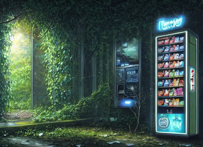 Prompt: close up of a vending machine in an abandoned shopping mall, big trees, overgrown by flower, vines, at night, rays of moonlight, full moon, hyperrealistic, highly detailed, oil painting, intricate, cgsociety, artstation, 8 k, cinematic, soft lighting, by greg rutkowski, by wlop, by artgerm