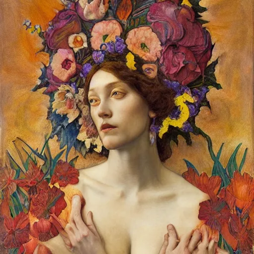 Prompt: flower queen, by annie swynnerton and tino rodriguez and nicholas roerich and jean delville and evelyn de morgan and lucien freud, dramatic lighting, floral tattoos, rich colors, smooth sharp focus, extremely detailed, adolf wolfli