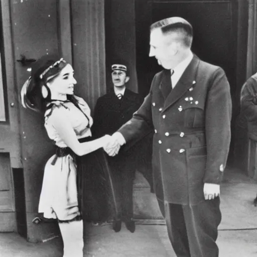 Prompt: monochrome vintage photograph of ariana grande and adolf hitler shaking hands in berlin, 8 k, very detailed, very intricate,