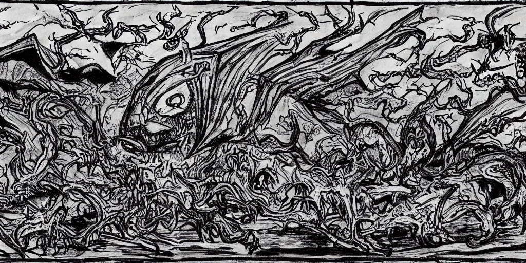 Image similar to a High quality landscape drawing of a plane of hell for eldritch beasts