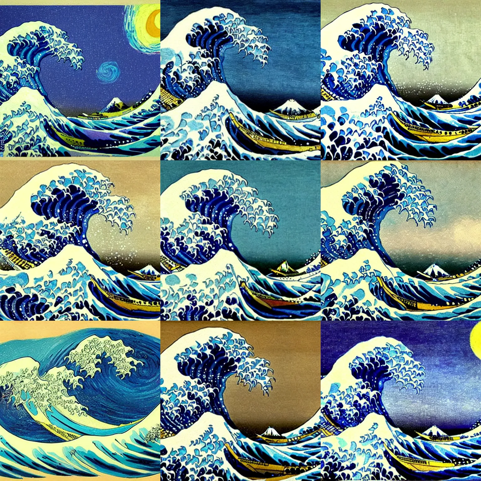 Prompt: A very beautiful and detailed painting of The Great Wave Off Kanagawa. Vincent van Gogh, 1889