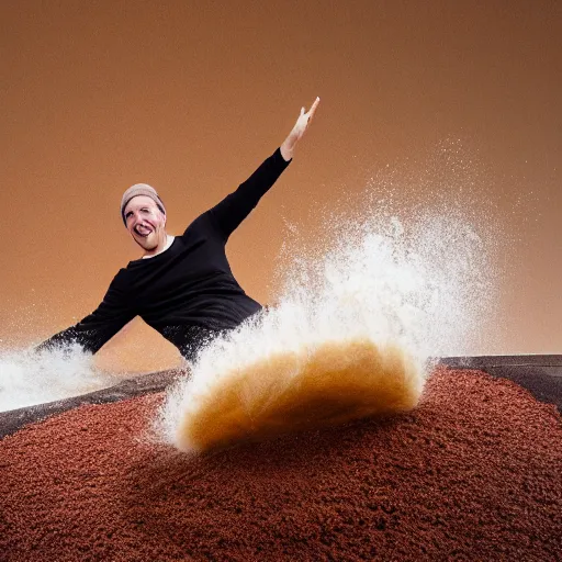 Image similar to a man sliding through brown pudding, professional photo, funny