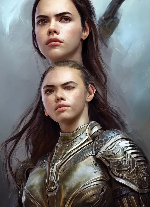 Image similar to a professional portrait of a beautiful young female, clothed in ethereal battle armor, olive skin, long dark hair, beautiful bone structure, symmetrical facial features, intricate, elegant, digital painting, concept art, smooth, sharp focus, finely detailed, illustration, from Valerian and the City of a Thousand Planets, in the style of Ruan Jia and Mandy Jurgens and Artgerm and Greg Rutkowski and William-Adolphe Bouguerea