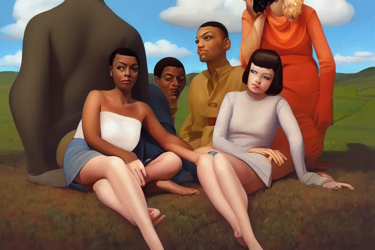 Prompt: beautiful painting of friends, beautiful faces, sitting on the edge, cute, soft light, digital painting by ralph mcquarrie and diane arbus and ernie barnes