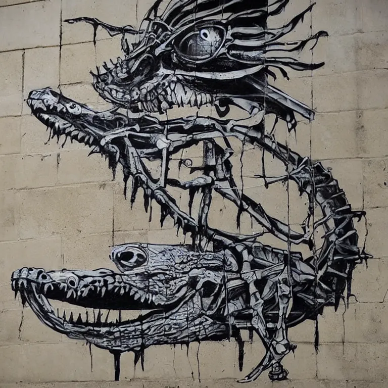 Image similar to Street-art painting of crocodile skeleton in style of Banksy, photorealism