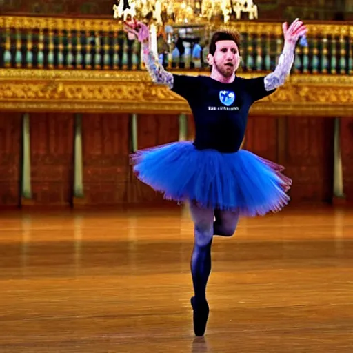 Prompt: lionel messi wearing tutu dancing ballet on the Odessa Opera Theatre stage