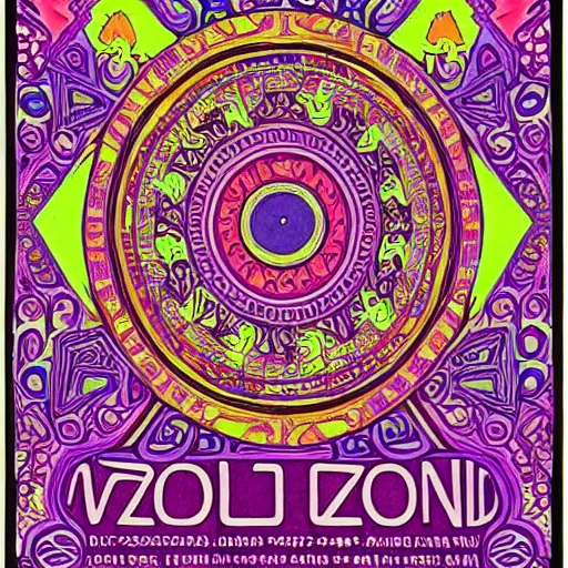 Prompt: Fillmore concert poster for The Bozone April 20, 1969 by Victor Moscoso and S. Clay Wilson, psychedelic, intricate paisley filigree mandala, day-glo colors, flowing lettering