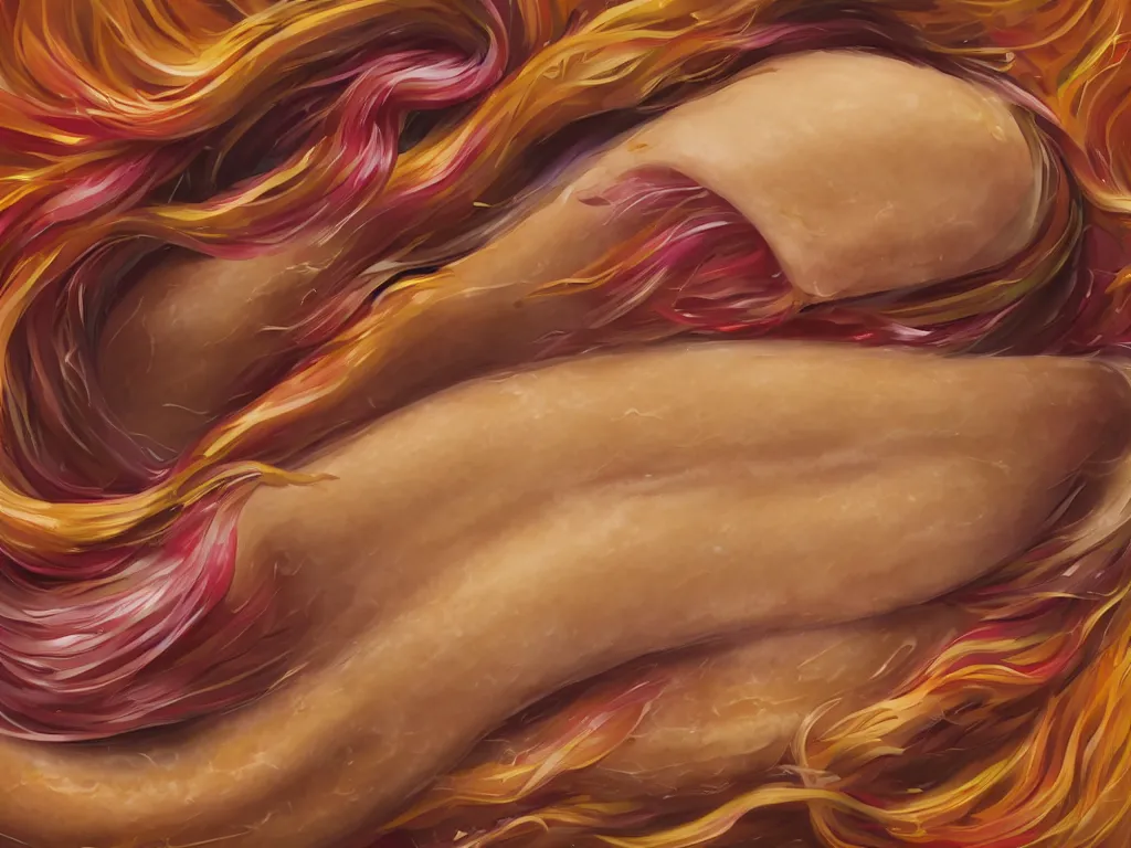 Prompt: a voluminous, amorphous, blob of flowing hair in the shape of a hot dog. Epic, elegant, nouveau, highly detailed, digital painting, cinematic, 8k, render