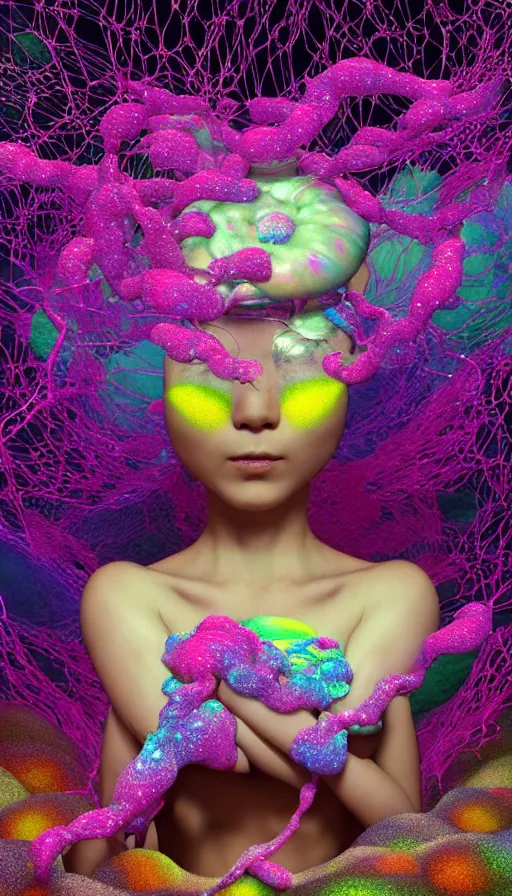 Image similar to hyper detailed 3d render like a Oil painting - kawaii Aurora (Singer) seen Eating of the Strangling network of colorful yellowcake and aerochrome and milky Fruit and Her delicate Hands hold of gossamer polyp blossoms bring iridescent fungal flowers whose spores black the foolish stars by Jacek Yerka, Mariusz Lewandowski, Houdini algorithmic generative render, Abstract brush strokes, Masterpiece, Edward Hopper and James Gilleard, Zdzislaw Beksinski, Mark Ryden, Wolfgang Lettl, hints of Yayoi Kasuma, octane render, 8k