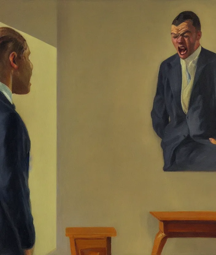 Image similar to a portrait painting of a man in a suit, the man is screaming and sad, highly detailed facial details, the man is alone in front of a window, in the style of edward hopper, 4 k,