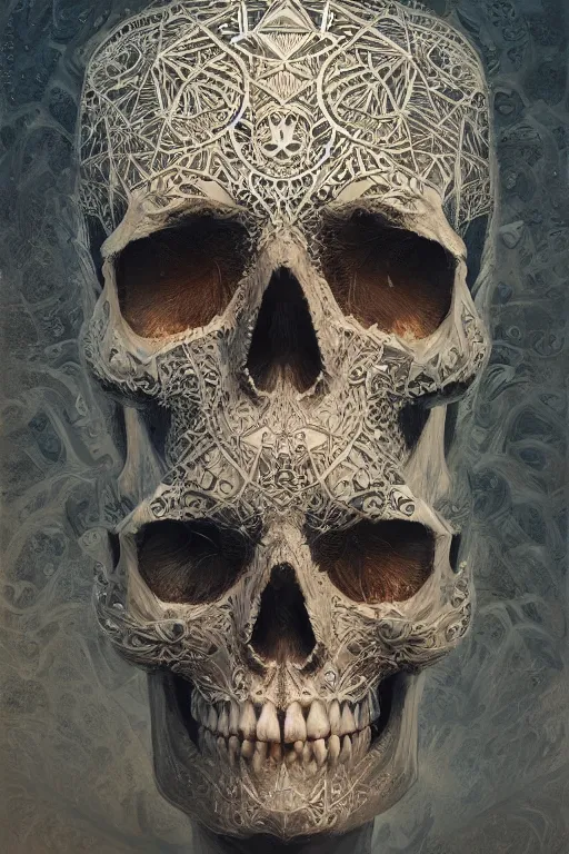 Image similar to concept art skull, the skull is decorated with art deco patterns, close - up portrait, powerfull, intricate, elegant, volumetric lighting, scenery, digital painting, highly detailed, artstation, sharp focus, illustration, concept art, ruan jia, steve mccurry