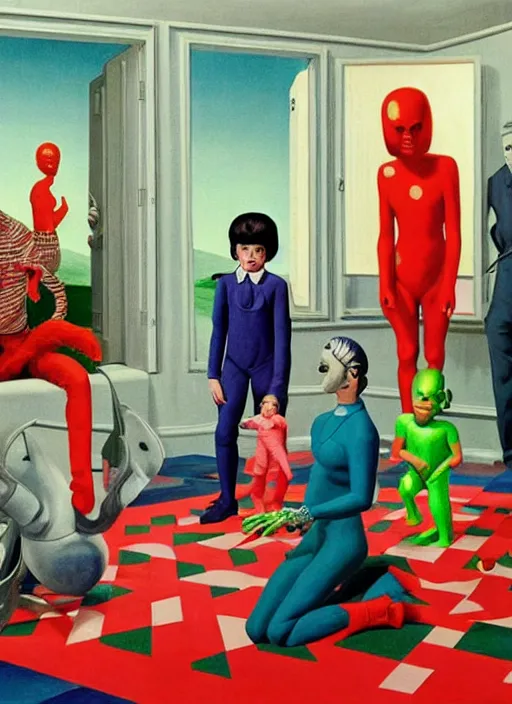 Prompt: painting of a gucci costumed family being shown how to open magic portals by a large glowing alien in their suburban living room maze, designed by gucci and wes anderson, energetic glowing orbs in the air, cinematic look, in the style of edward hopper, james jean, petra collins and mc. escher