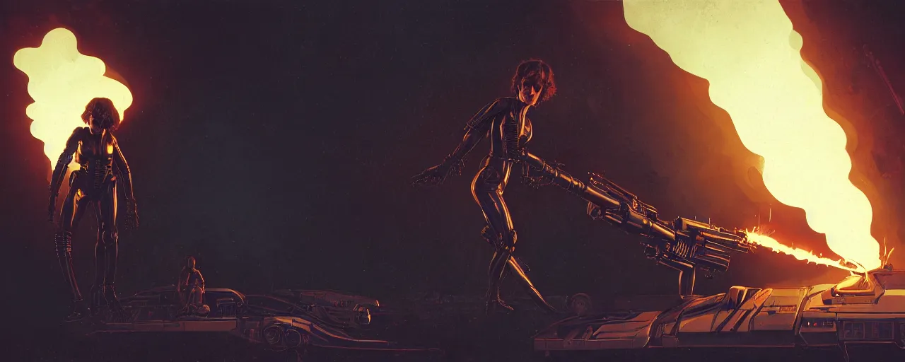 Image similar to duotone dark concept illustration 3 / 4 portrait of ellen ripley with flame thrower. sneaking xenomorph shape in background. cinematic volumetric lighting space. golden ratio accidental renaissance. by sachin teng and sergey kolesov and ruan jia and heng z. graffiti art, scifi, fantasy, hyper detailed. octane render. concept art. trending on artstation