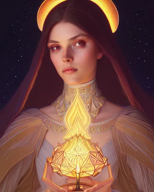 Image similar to symmetry portrait of brunette princess, glam, cleric, fireflies, holy temple background, intricate, elegant, highly detailed, digital painting, artstation, concept art, smooth, sharp focus, illustration, art by artgerm and greg rutkowski and fra angelico and alphons mucha