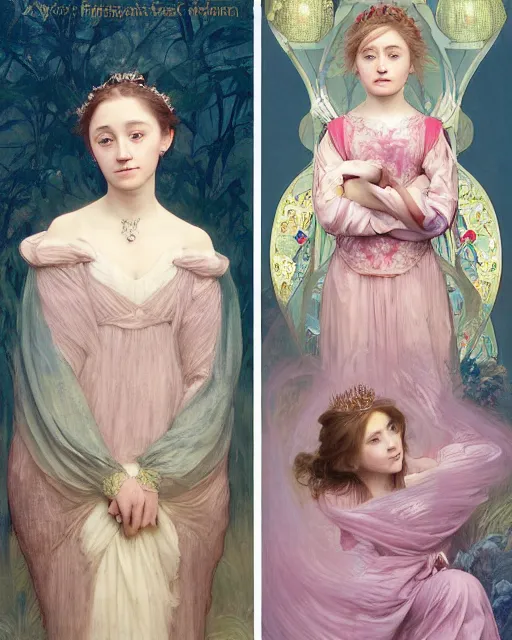 Prompt: a portrait painting of a shy, blushing princess resembling 1 4 - year old saoirse ronan in a tiara and an iridescent art nouveau gown watching the lantern festival, intricate, elegant, highly detailed, artstation, concept art, by krenz cushart and artem demura and william adolph bouguereau and alphonse mucha