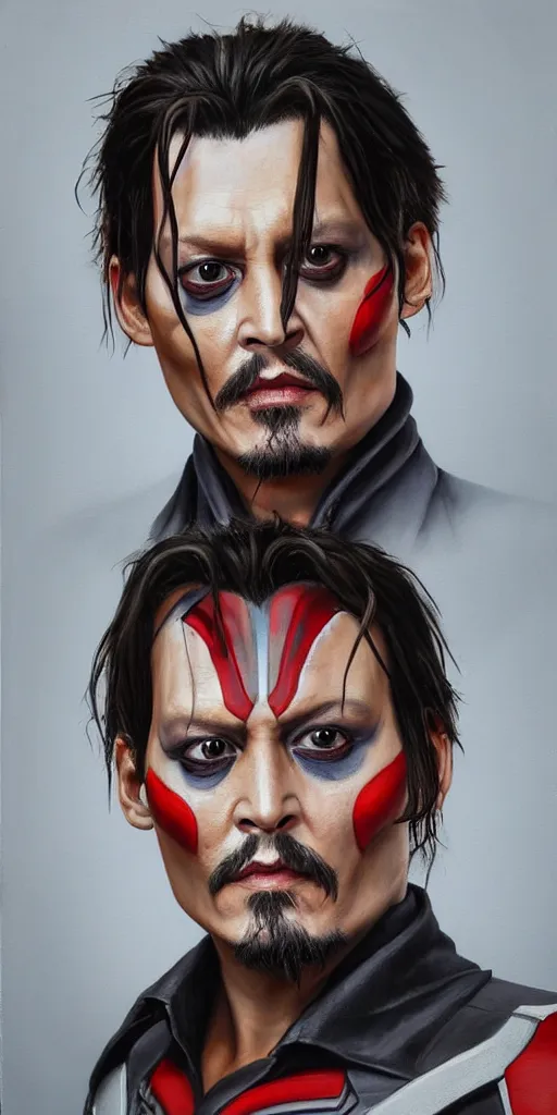 Image similar to realistic Portrait painting of a Johnny Depp as Ultraman Taro, made by Gustave Courbet, physical painting, digital art, bright colors,upper body,fine art, trending on Artstation, unreal engine.