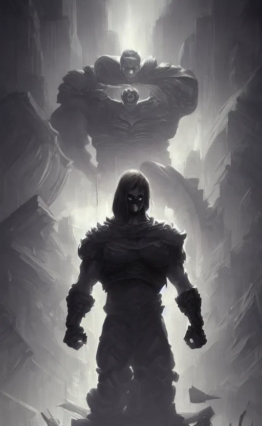 Image similar to Full body centered uncut character pose of mysterious-eerie-ominous He-Man, dark grey shadowy smokey background, atmospheric, cinematic, Epic, ultra-detailed, sharp focus, illustration, artwork by Jordan Grimmer and Greg Rutkowski