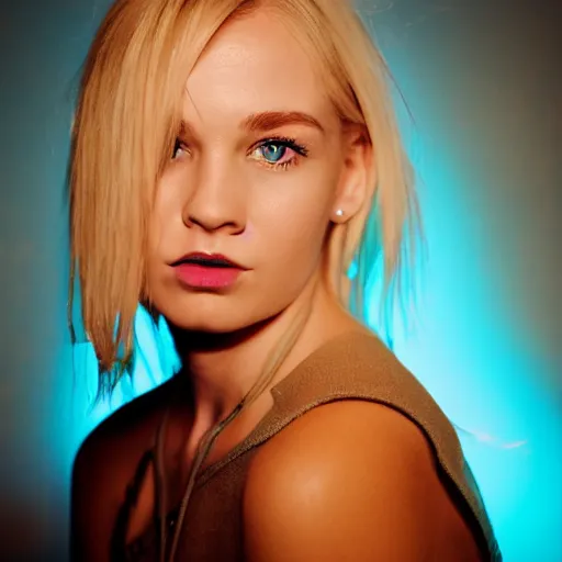 Image similar to a young, blonde-haired woman with soft facial features and blue eyes, biting her lips, 35mm photograph, neon lights in the background