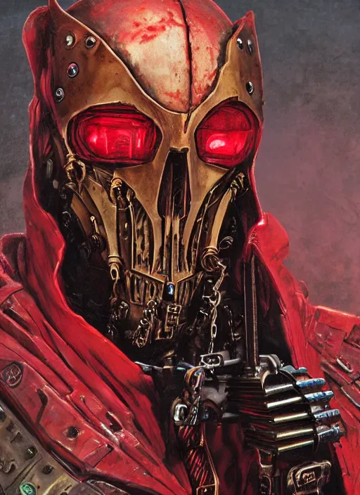 Image similar to portrait of rotten Nicolas Cage as adeptus mechanicus in red hood and robe from Warhammer 40000. Highly detailed, artstation, illustration by and John Blanche and zdislav beksinski and wayne barlowe