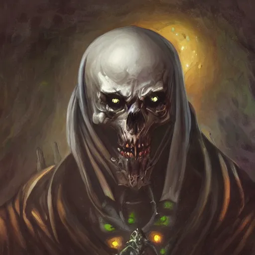 Image similar to a hyper realistic oil painting of a necromancer from diablo, dark fantasy, horror, retro fantasy