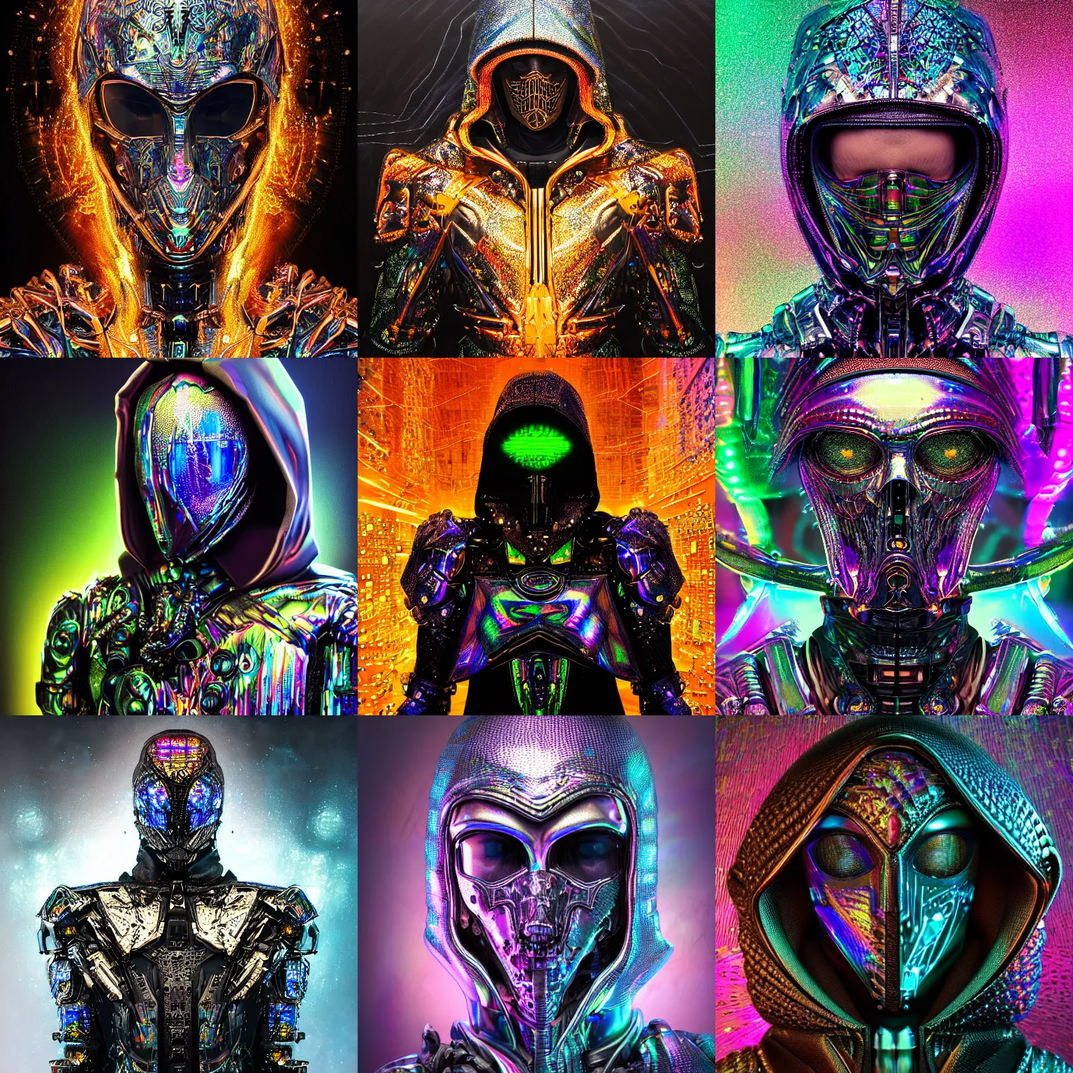 Prompt: Ultra realist and ultra intricate dark iridescent detailed painting of an powerful hooded assassin king wearing body armor, biological human face and biomechanical complex torso covered in iridescent processor microchips, 3D render, symmetry, rich style, glowing iridescent sparks and smoke behind, crystallic cyberpunk megastructure background, artstation, colorful, badass, dark ominous stealth, colorful lens flares, golden sheen engulfed in rainbow fire, brandishing futuristic sword, unreal render, depth of field