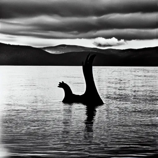 Image similar to nessie at lake tahoe, vintage film, 5 0 mm