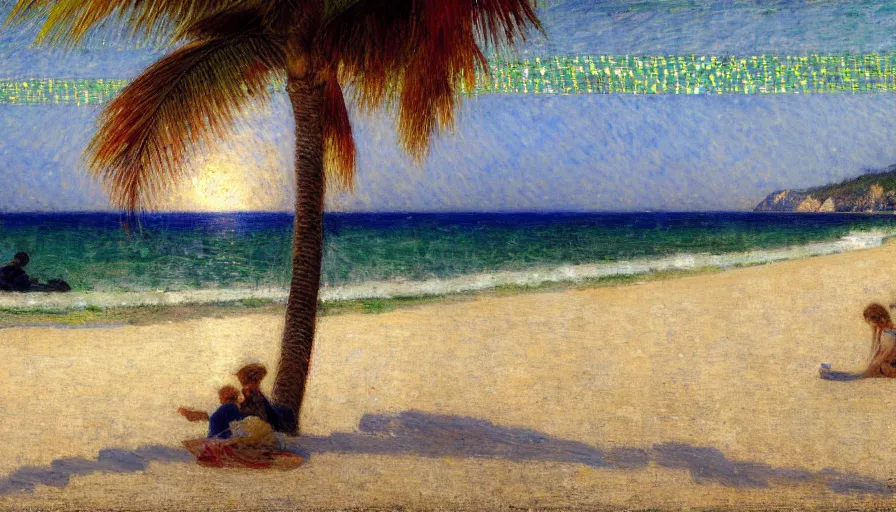 Prompt: a ultradetailed beautiful painting of meteor seen from a beach, by jules bastien - lepage, tarsila do amaral, frank weston and gustave baumann, beach, trending on artstation, mediterranean, palm trees, sharp focus, colorful refracted sparkles and lines, soft light, 8 k 4 k