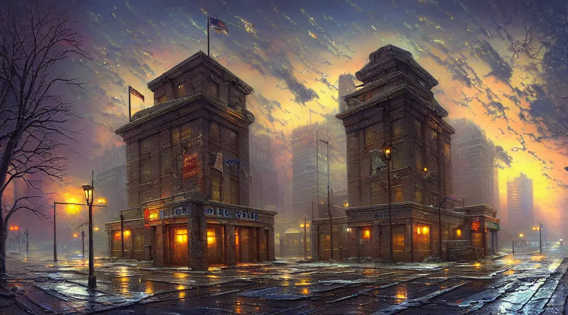 Prompt: post - apocalyptic police station, building, avenue, apocalyptic architecture, paved roads, by thomas kinkade, highly detailed photography