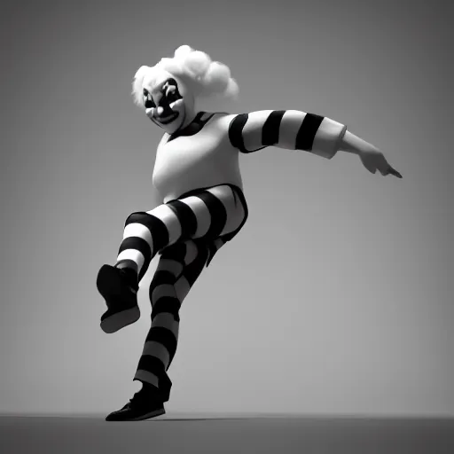 Prompt: a monochrome clown, 3d model, octane, realistic lighting, dynamic reflections