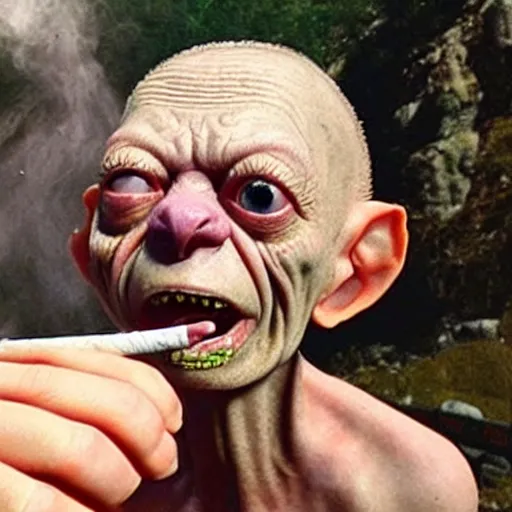 Image similar to gollum with cigarette selfie