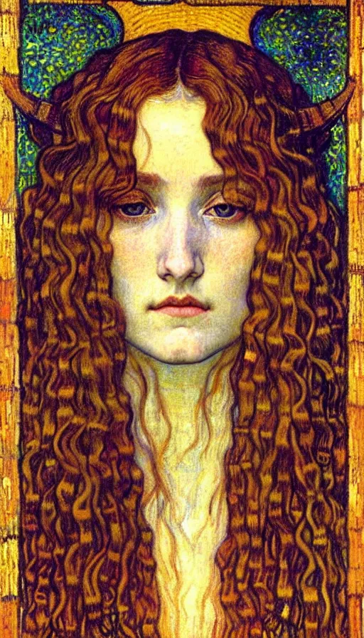 Image similar to detailed realistic beautiful young medieval queen face portrait by jean delville, gustav klimt and vincent van gogh, art nouveau, symbolist, visionary, gothic, pre - raphaelite, muted earthy colors, desaturated