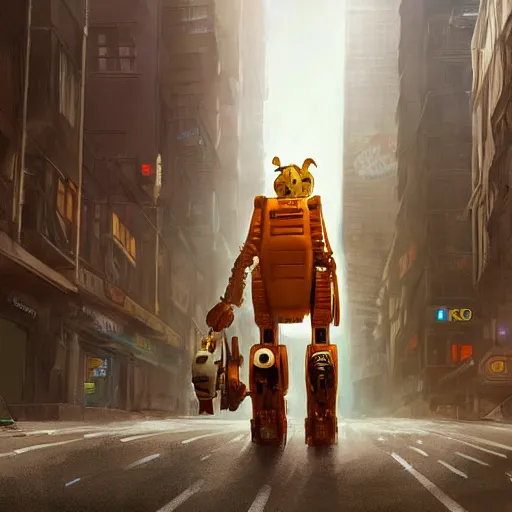 Image similar to A photorealistic render of Garfield the cat as a giant robotic mech suit, walking through a post-apocalyptic cityscape, ArtStation