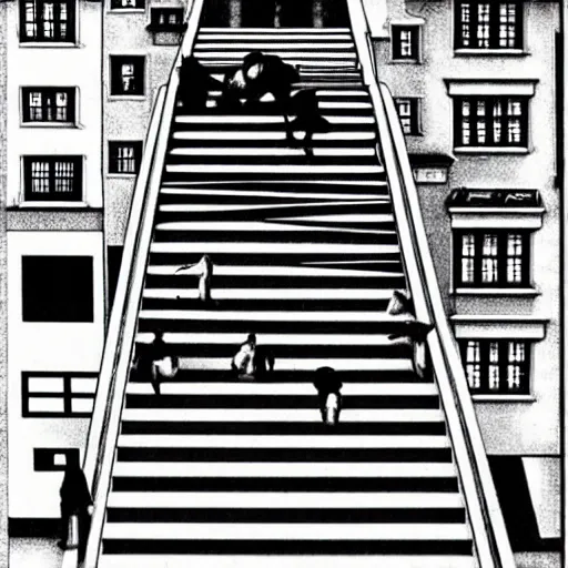 Prompt: impossible stairs by M.C. Escher