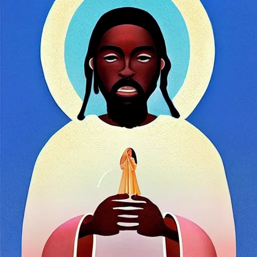 Prompt: an African Jesus under a UFO, painting by Hsiao-Ron Cheng,