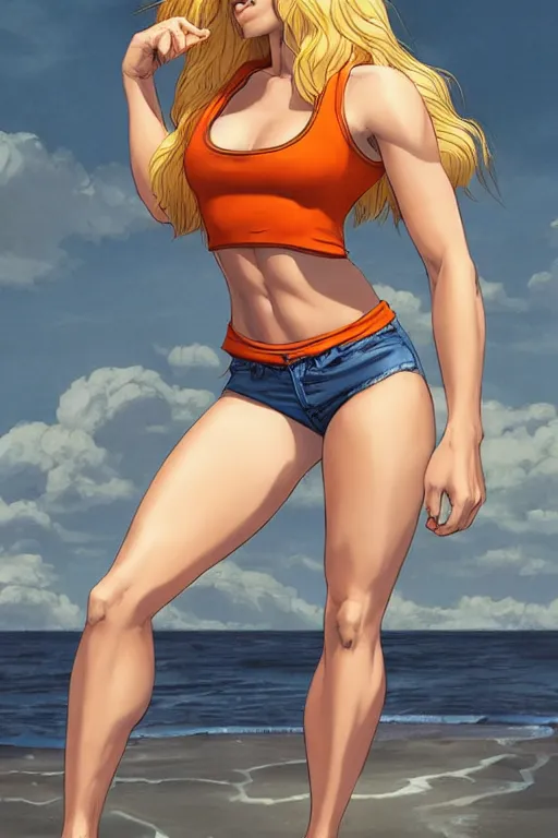 Image similar to a gorgeous hulking beast of a woman with very long hip-length blonde hair, wearing a cut-off white top and orange cut-off shorts standing by the water, in the style of artgerm and moebius and annie liebovitz, marvel comics, photorealistic, highly detailed, trending on artstation