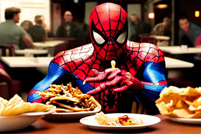 Image similar to cinematic still of spiderman eating greasy food from arby's restaurant