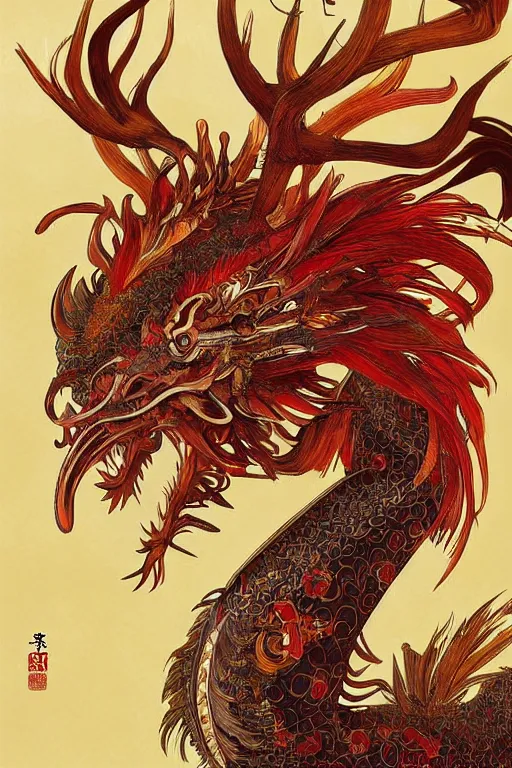 Prompt: a chinese dragon with a rooster face and legs, deep big eyes, feathers and scales, autumn colours, stag antlers, intricate and very very beautiful and elegant, highly detailed, digital painting, artstation, smooth and sharp focus, illustration, art by tian zi and wlop and alphonse mucha