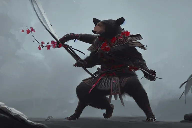 Prompt: an environmental concept art of samurai anthropomorohic black bear, samurai duel, sakura petals blowing in the wind, highly detailed, environmental light, epic, 8 k, artstation, deviantart, award winning, cinematic by francis tneh