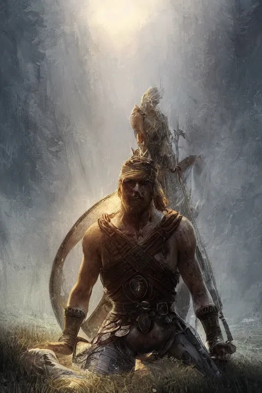 Prompt: aesthetic digital illustration of a wounded viking warrior on his knees by anne stokes, greg rutkowski, and brian belledin | dirty and bloody, concept art, character concept, matte background, golden ratio, rule of thirds, golden hour lighting, unreal engine, finalrender, centered, deviantart, artgerm