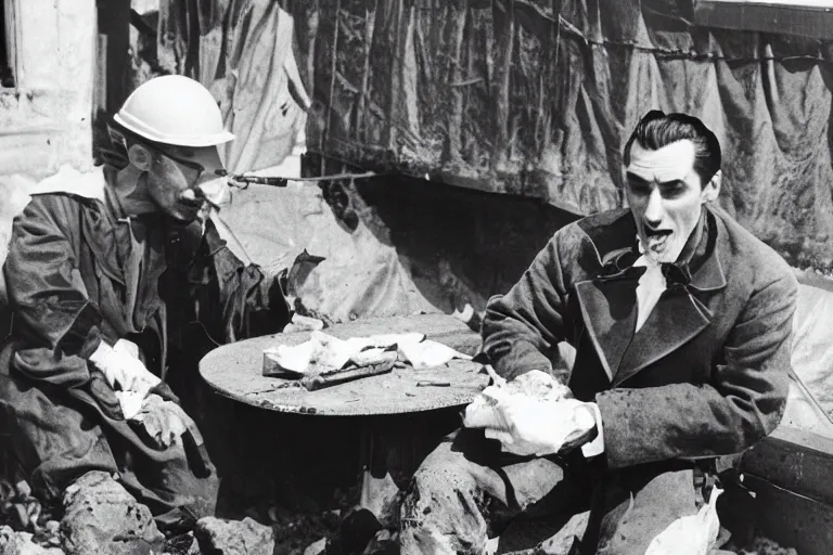 Image similar to dracula eating a bologna sandwich on a construction site 1 9 4 0 s